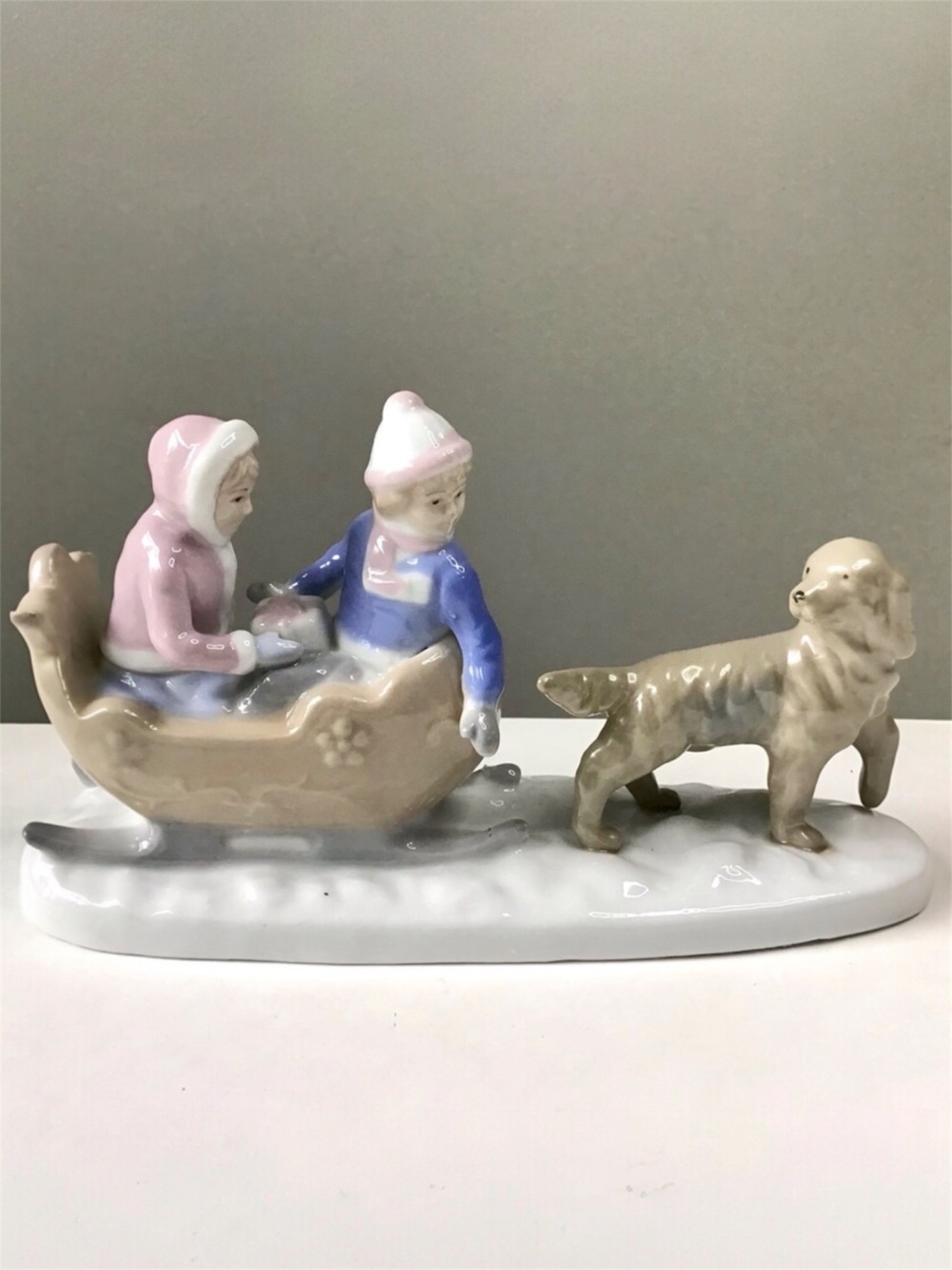 Vintage Paul Sebastian Sleigh Ride Porcelain Figurine Dog Kids Sled By Meico